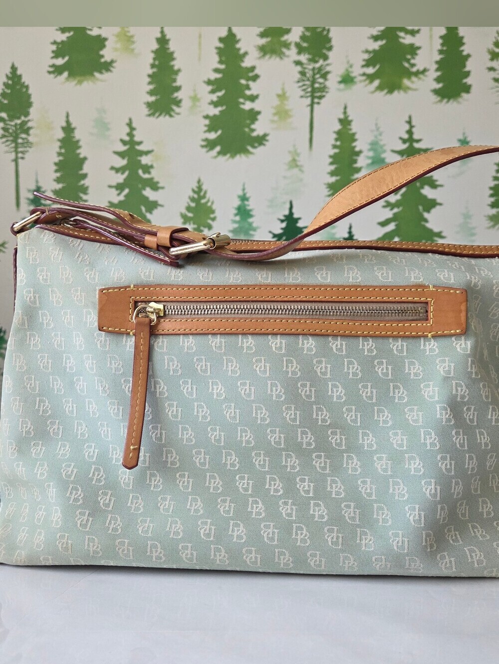 Dooney & Bourke Light Green Satchel with Tan Trim and Gold Hardware